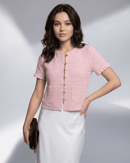 Camellia Cardigan by Slimona - Short Sleeve Buttoned Knit in Pink with O-Neck and Classic Pockets.