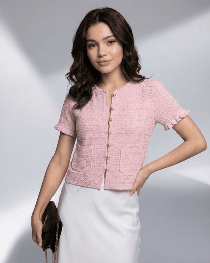Slimona Camellia Cardigan in pink, short sleeve knit, O-neck, stylish women's fashion for summer layering.