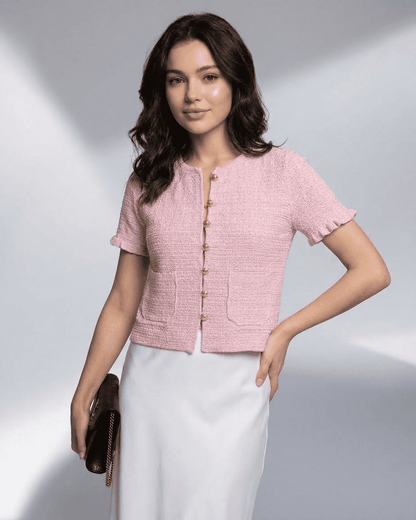 Slimona Camellia Cardigan - Pink Short Sleeve Buttoned Knit with O-Neck for women's polished style.
