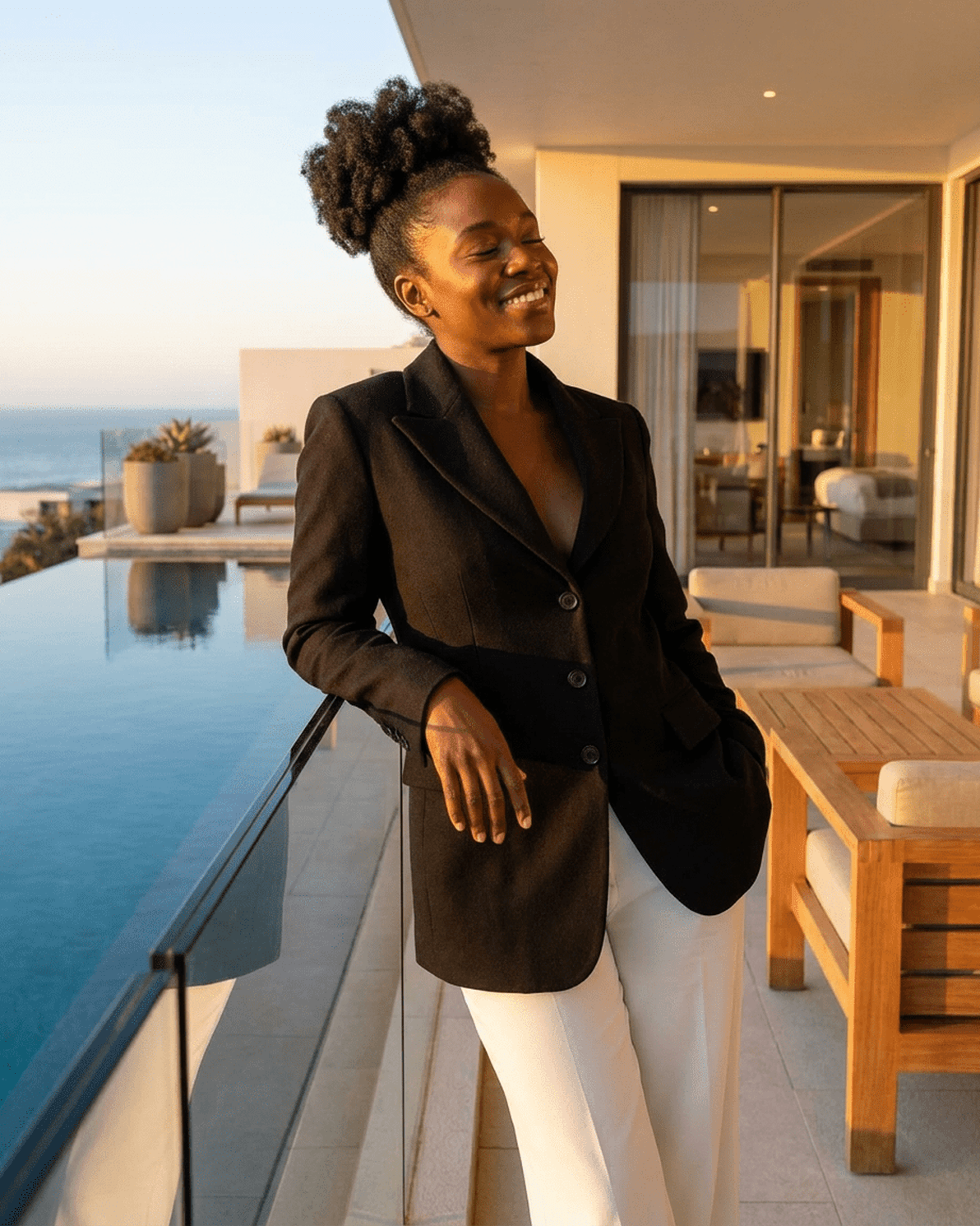 Celeste Blazer by Slimona worn by a woman, showcasing a tailored silhouette against a stylish backdrop.