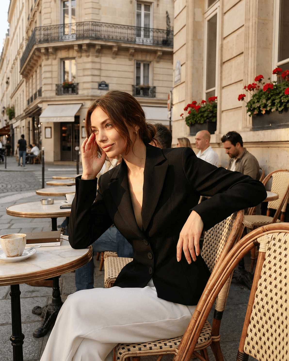 Celeste Blazer by Slimona worn by a woman at a café, showcasing its fitted waist and tailored silhouette.