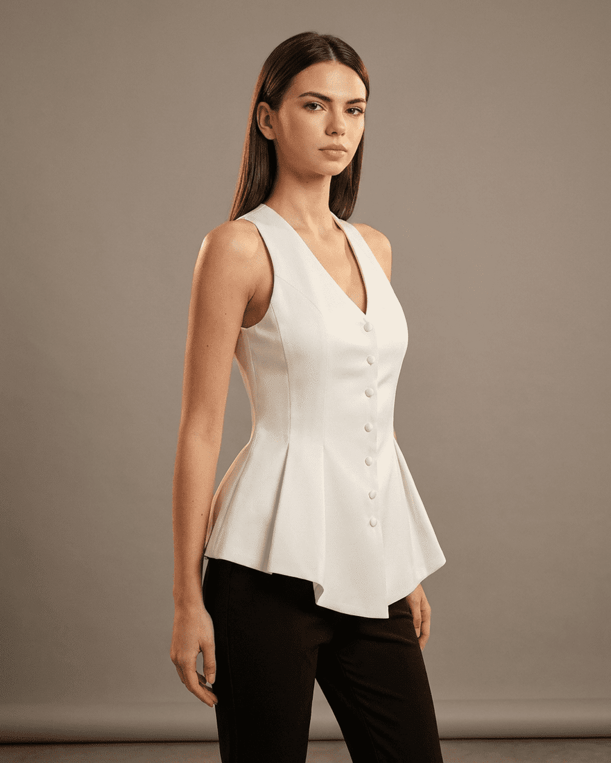Celeste Blouse by Slimona, tailored sleeveless satin top with V-neck design, perfect for polished daytime and evening looks.