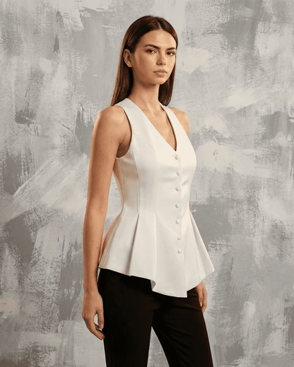 Celeste Blouse by Slimona, satin tailored sleeveless V-neck design with a polished look.