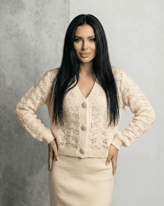 Celeste Cardigan by Slimona, elegant lace knit V-neck cardigan featuring a button front and long sleeves in light color.