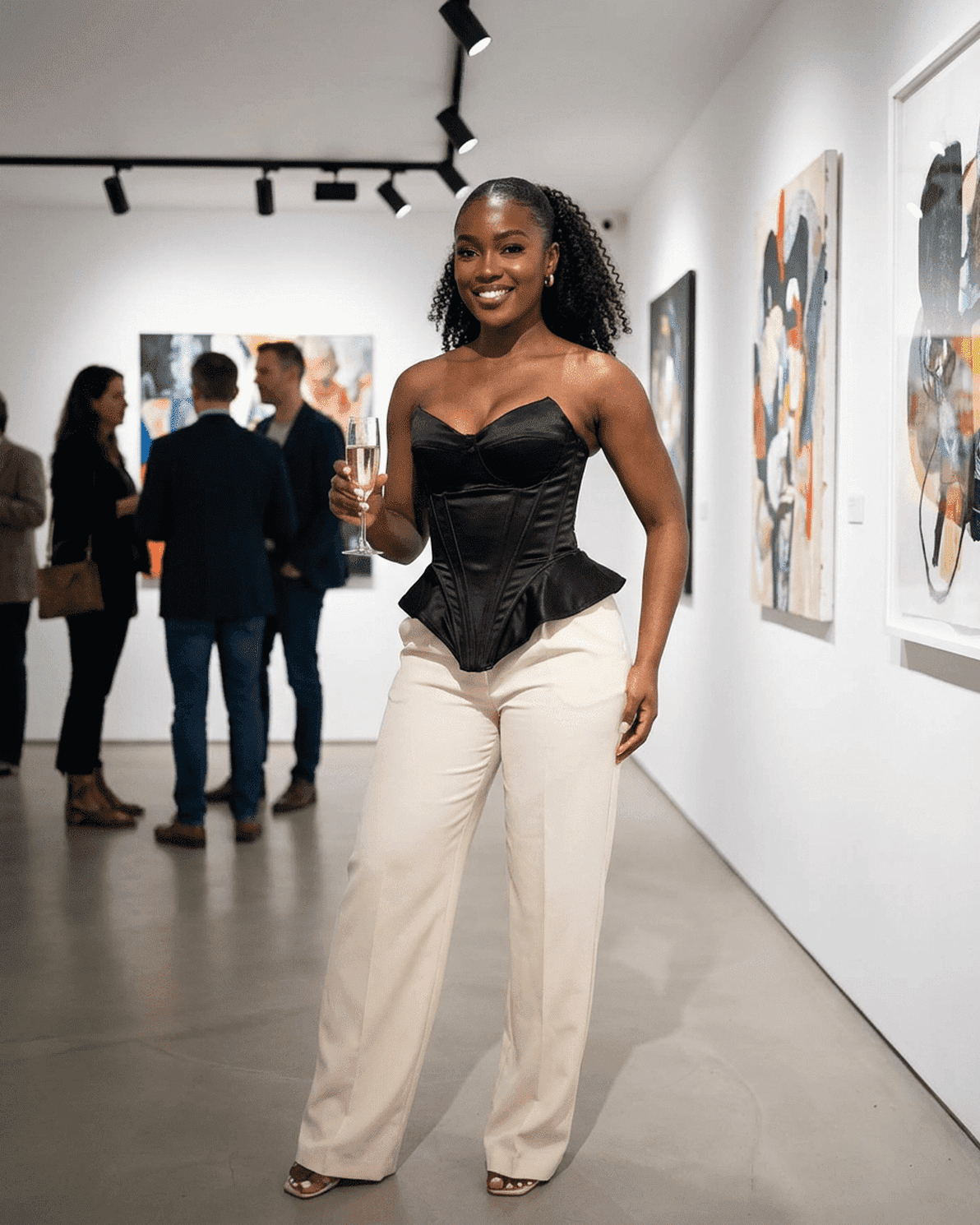 Woman wearing Celeste Corset Top by Slimona, showcasing strapless satin design at art gallery.