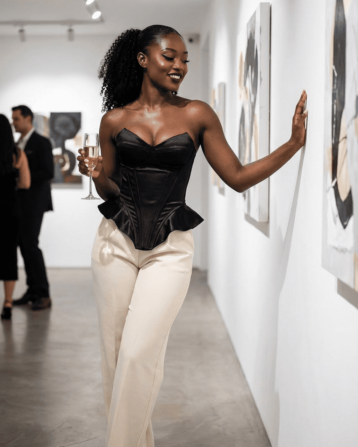 Model wearing the Celeste Corset Top by Slimona, showcasing strapless satin structure and asymmetrical finish at an art gallery.