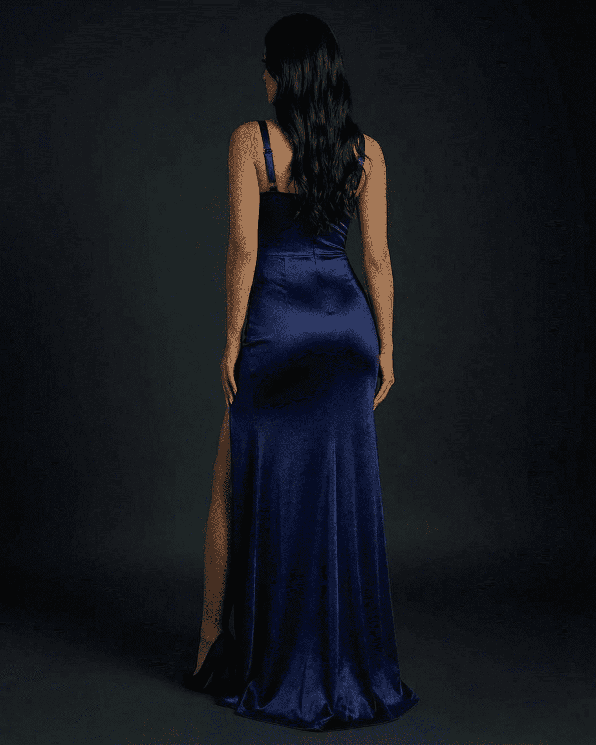 Celeste Maxi Dress by Slimona, showcasing the elegant back view with satin finish and thigh-high split detailing.