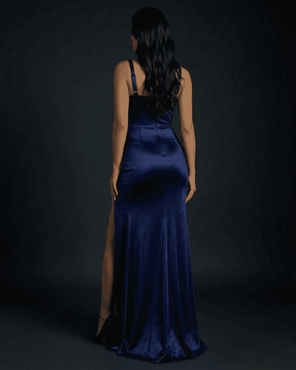 Celeste Maxi Dress by Slimona, showcasing the elegant back view with satin finish and thigh-high split detailing.
