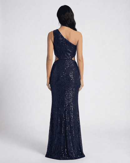 Celeste Maxi Dress by Slimona, showcasing a stunning one-shoulder sequin design from the back.