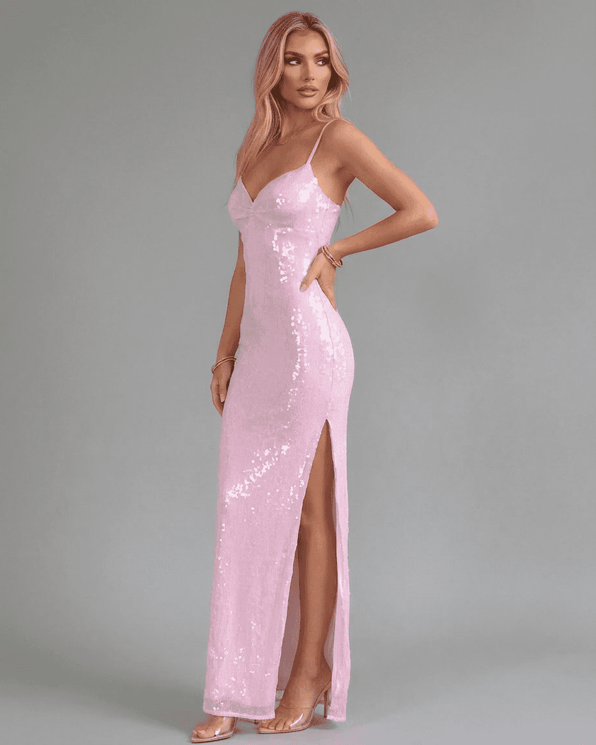 Celeste Maxi Dress by Slimona, pink sequin V-neck party dress with side slit, elegant evening wear.