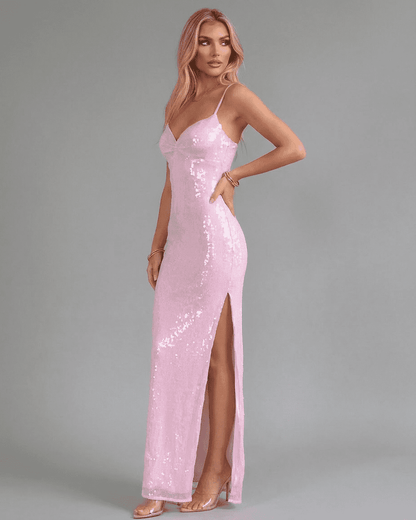 Celeste Maxi Dress by Slimona, pink sequin V-neck party dress with side slit, elegant evening wear.