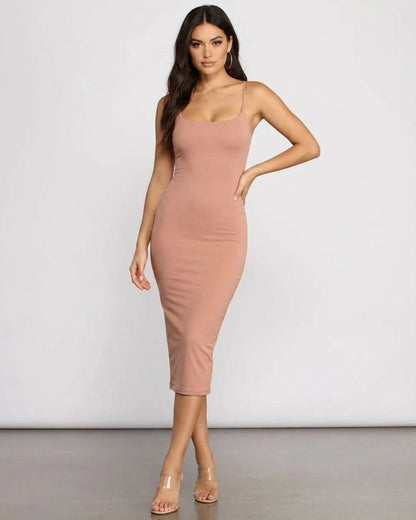 Celeste Midi Dress by Slimona, showcasing a curve-hugging silhouette in elegant knitwear.
