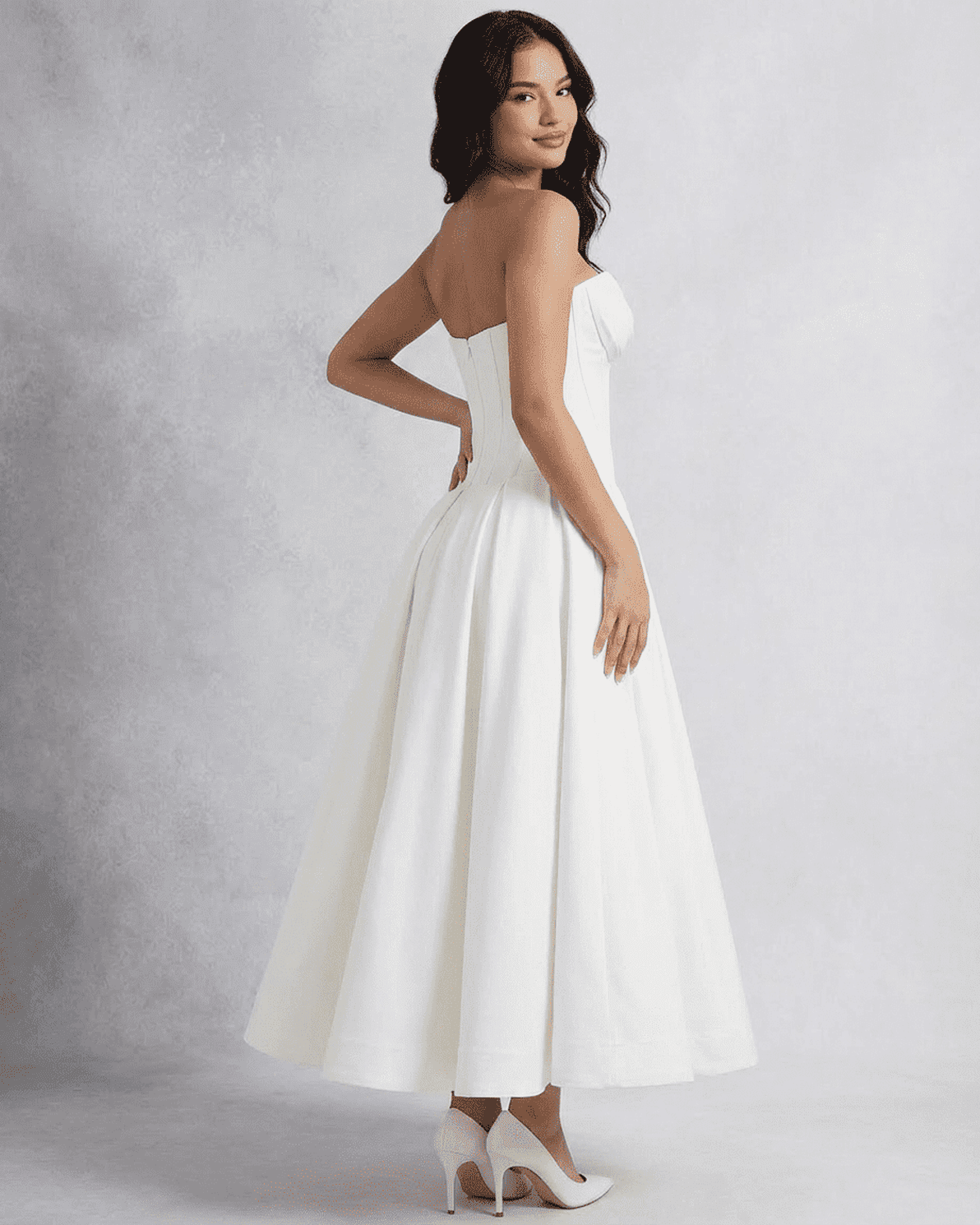 Celeste Midi Dress by Slimona, elegant strapless corset A-line dress showcasing a structured fit.