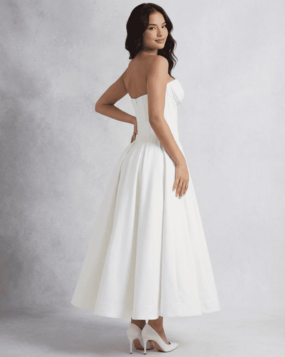 Celeste Midi Dress by Slimona, elegant strapless corset A-line dress showcasing a structured fit.