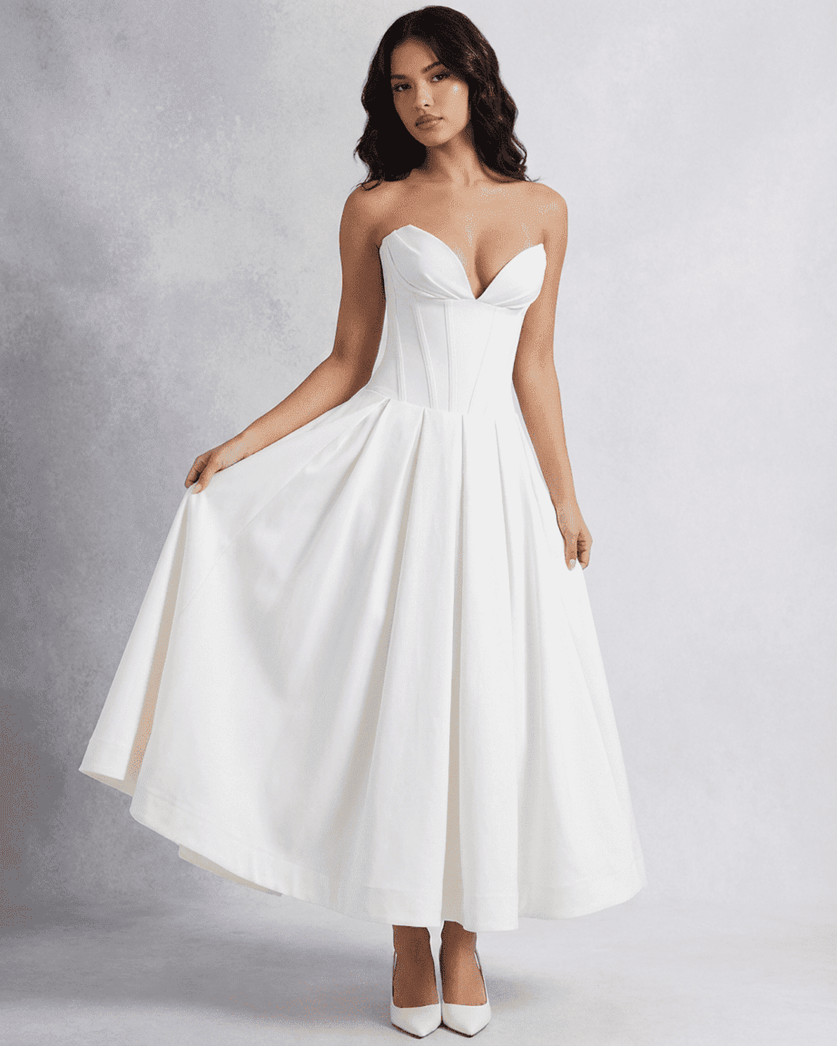 Celeste Midi Dress by Slimona featuring a strapless design and elegant A-line silhouette for timeless style.