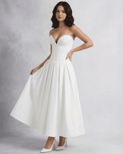Celeste Midi Dress by Slimona, elegant strapless corset A-line dress in white, perfect for special events.