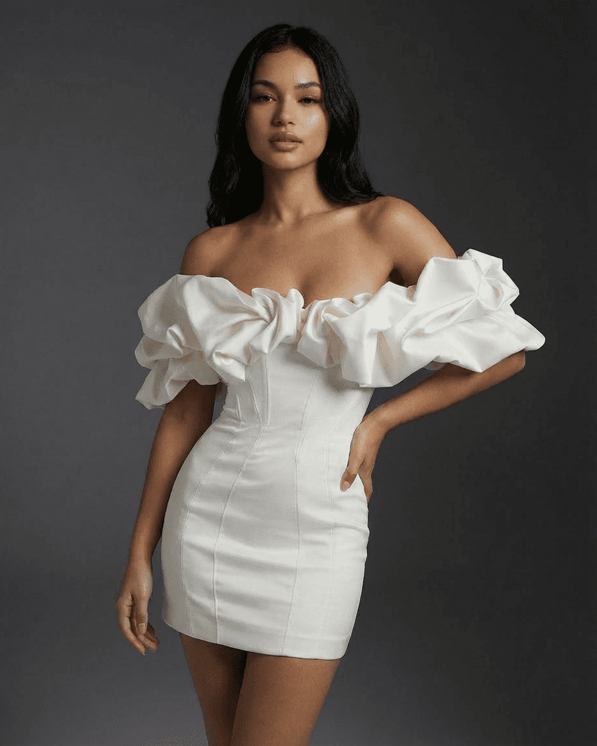 Celeste Mini Dress by Slimona featuring dramatic ruffle trim and boned structure for a sleek fit.