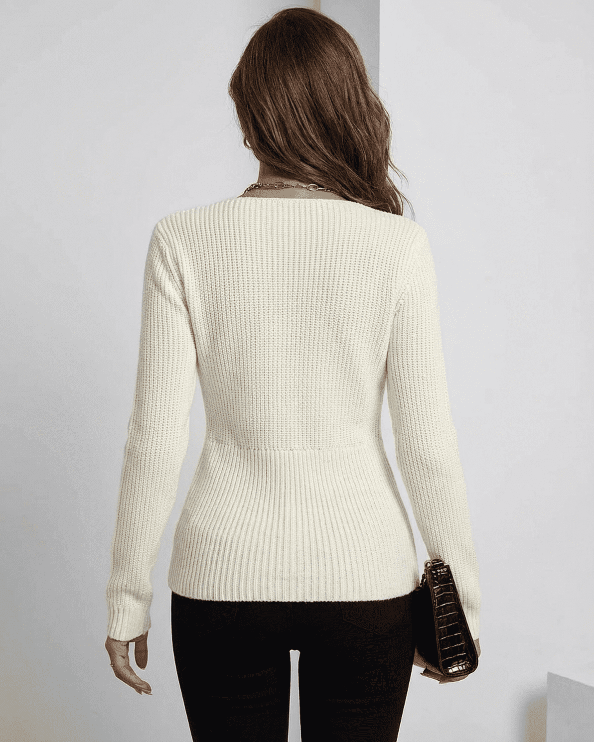 Celeste Pullover by Slimona, ribbed slim fit v-neck sweater in ivory, showcasing the back view.
