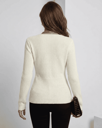 Celeste Pullover by Slimona, ribbed slim fit v-neck sweater in ivory, showcasing the back view.