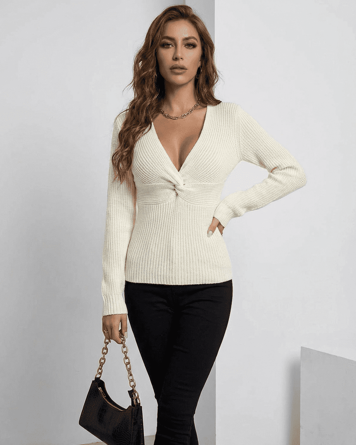 Celeste Pullover by Slimona, a ribbed slim fit V-neck sweater in elegant ivory, perfect for layering.
