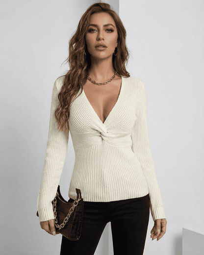 Celeste Pullover by Slimona, ribbed slim fit V-neck sweater in ivory, showcasing a modern silhouette and elegance.