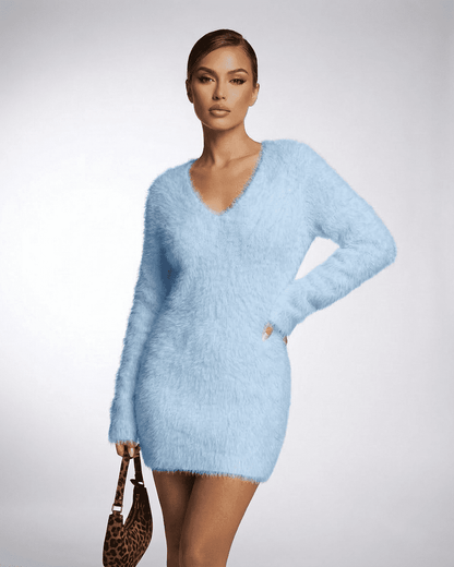 Celeste Sweater by Slimona, V-neck fuzzy plush knit, soft blue color, perfect for fall and winter styling.