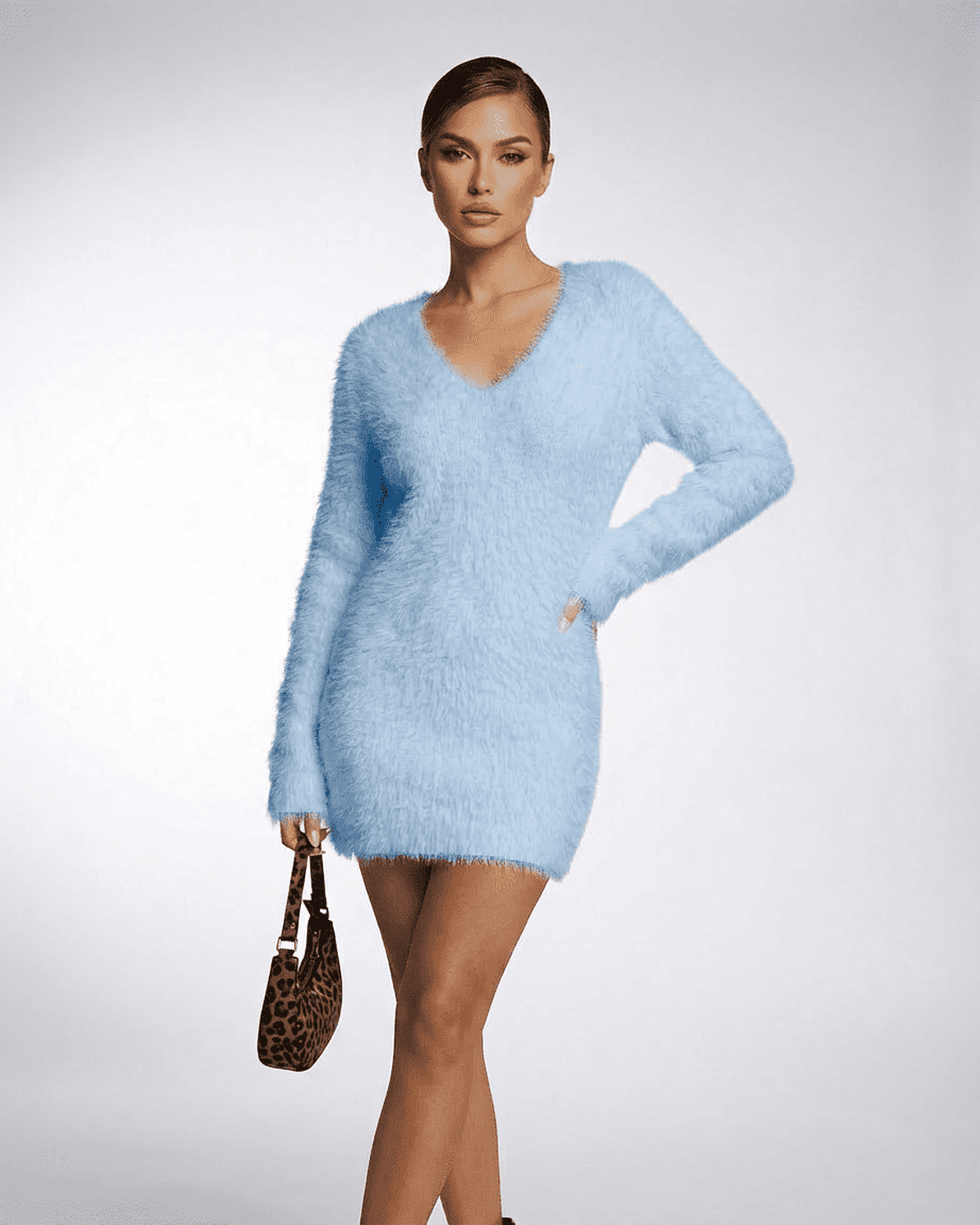 Celeste Sweater by Slimona, V-Neck Fuzzy Plush Knit in light blue, showcasing stylish elegance and cozy comfort.