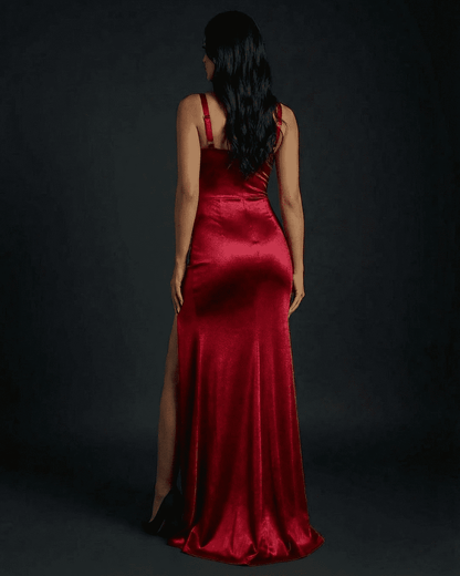 Celestia Maxi Dress by Slimona, luxurious red satin bodycon dress featuring thigh-high split and elegant silhouette.