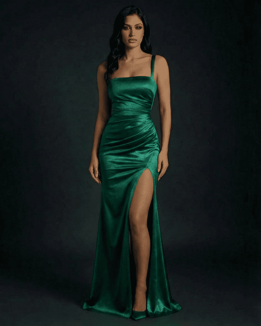 Celestine Maxi Dress by Slimona in emerald green, showcasing elegant satin split bodycon silhouette.