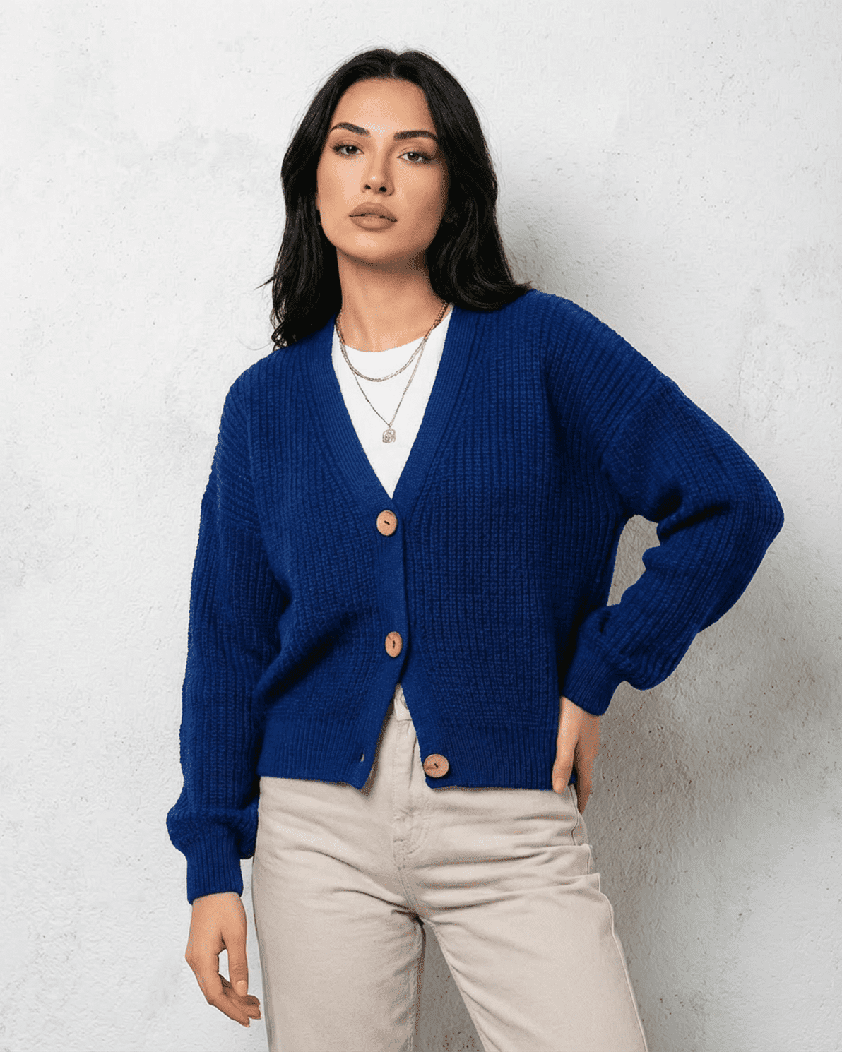 Cobalt Cardigan by Slimona, featuring a vibrant blue knit, classic V-neck, and cozy fit for modern women.