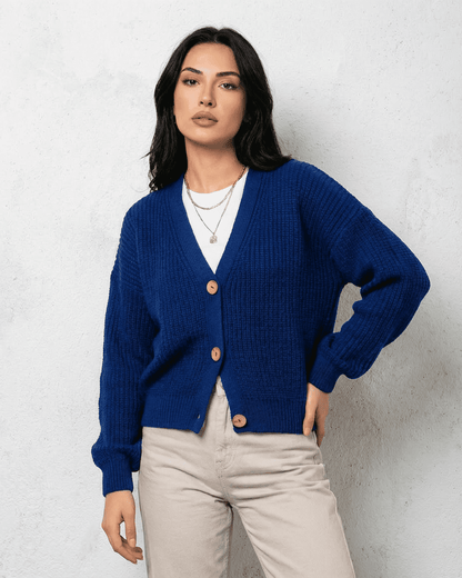 Cobalt Cardigan by Slimona, featuring a vibrant blue knit, classic V-neck, and cozy fit for modern women.