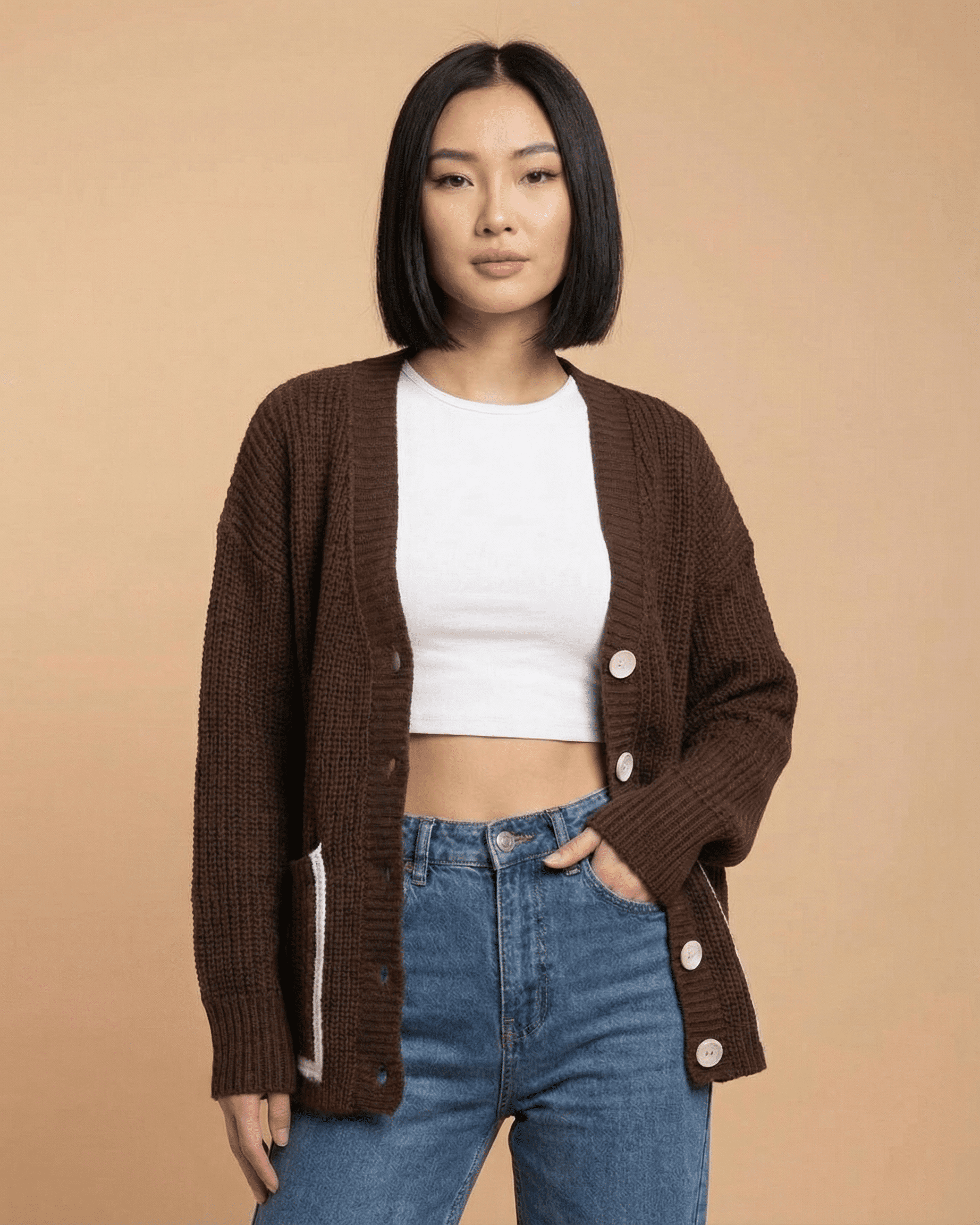 Cocoa Cardigan by Slimona featuring a relaxed fit and color block design, perfect for stylish comfort in everyday wear.