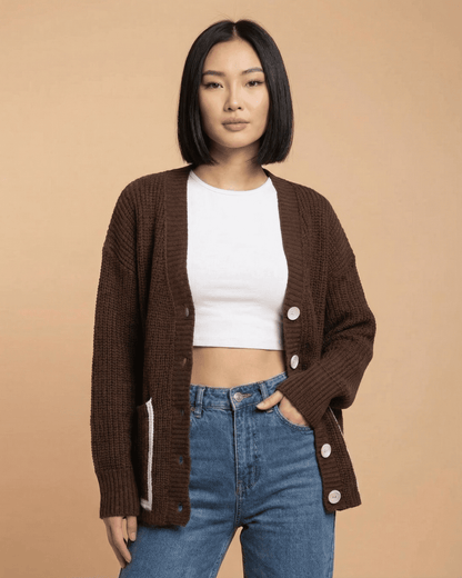 Cocoa Cardigan by Slimona featuring a relaxed fit and color block design, perfect for stylish comfort in everyday wear.