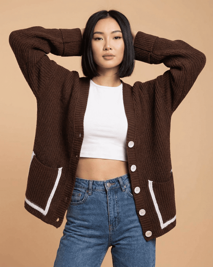 Cocoa Cardigan by Slimona featuring a relaxed fit, color block design, and button-front detail.