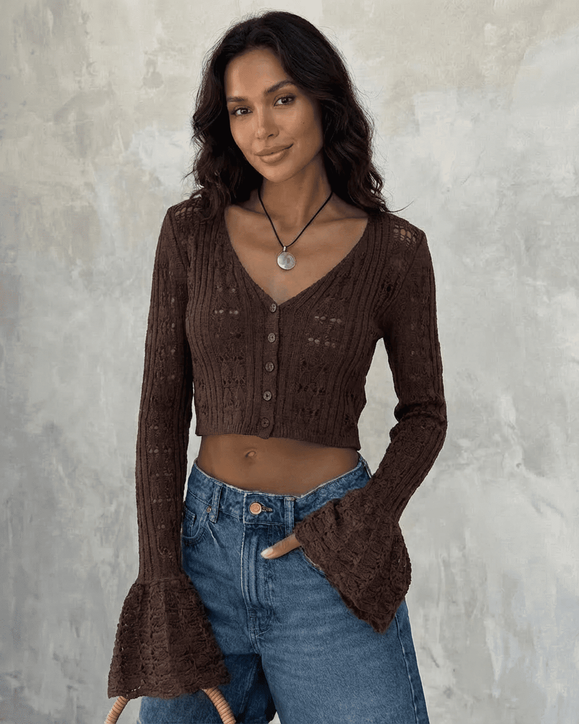 Cocoa Cardigan by Slimona - Cropped cotton knit cardigan with flare sleeves, V-neckline, and breathable fabric.