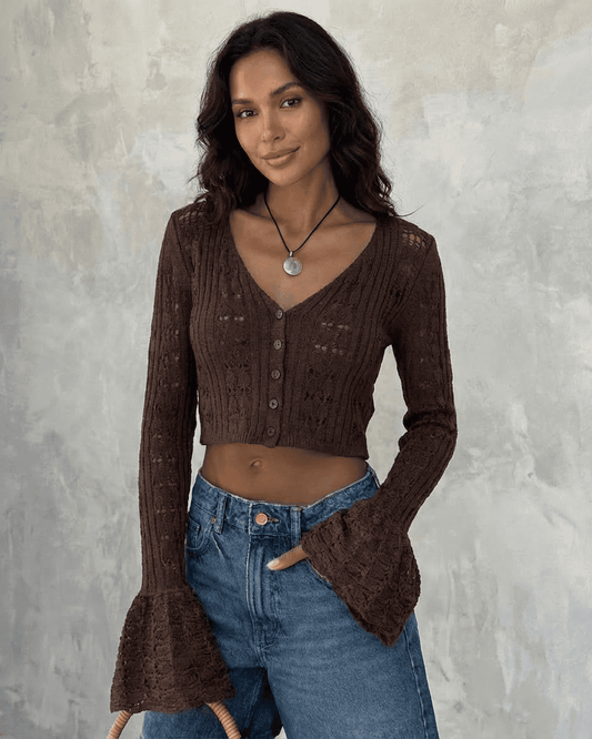 Cocoa Cardigan by Slimona - Cropped cotton knit cardigan with flare sleeves, V-neckline, and breathable fabric.