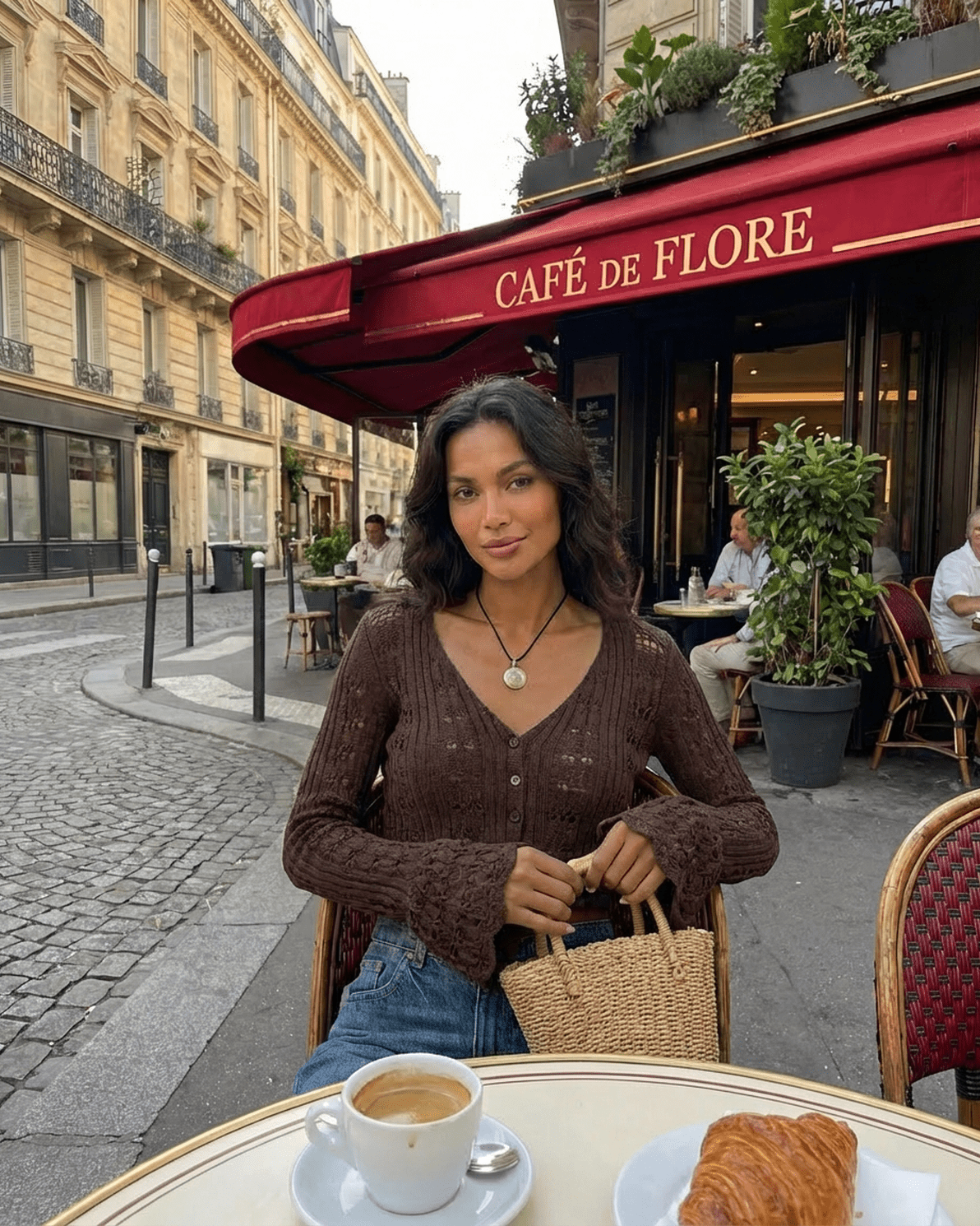 Cocoa Cardigan by Slimona worn at Café de Flore, featuring a flattering V-neckline and flare sleeves.