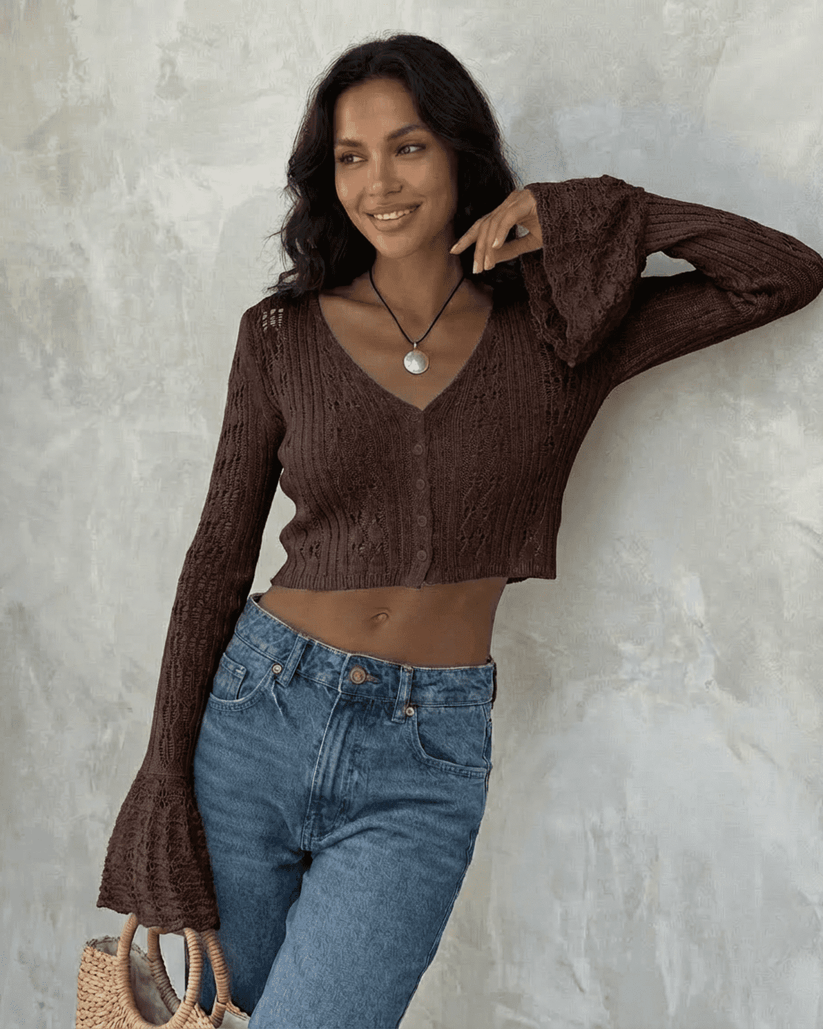 Cocoa Cardigan by Slimona, cropped cotton knit cardigan with flare sleeves and V-neckline.