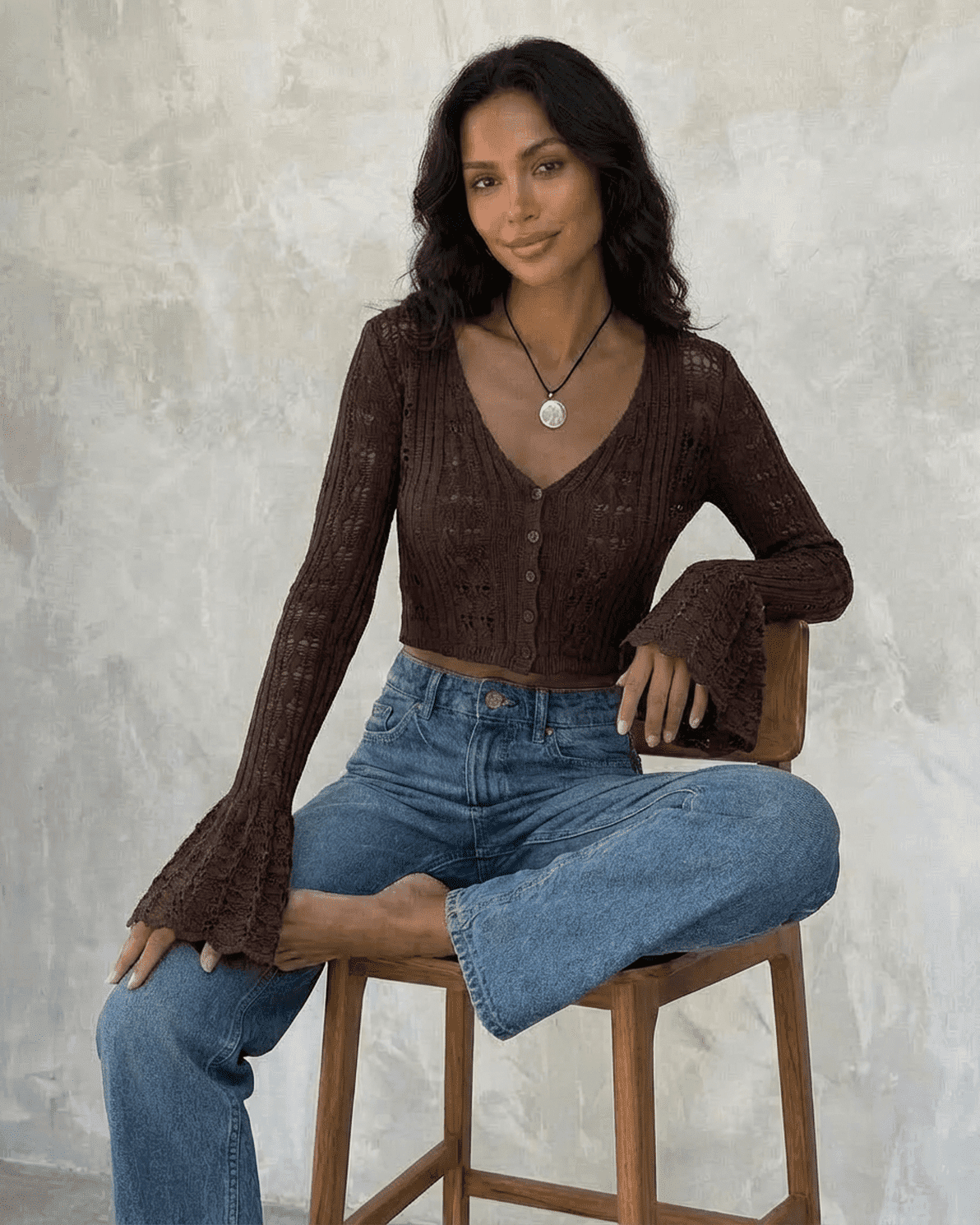 Cocoa Cardigan by Slimona, cropped cotton knit with flare sleeves, perfect for modern everyday elegance.