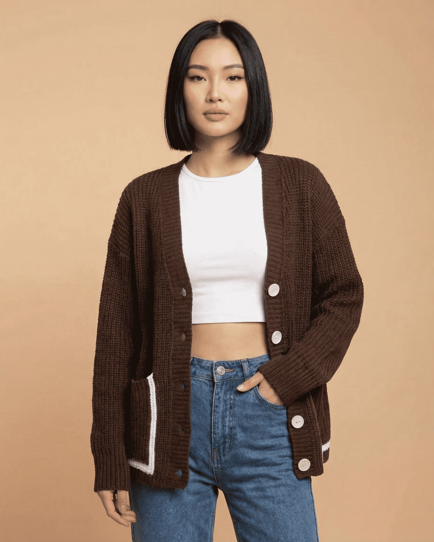 Cocoa Cardigan by Slimona featuring color block design, V-neckline, and button-front style in a relaxed silhouette.