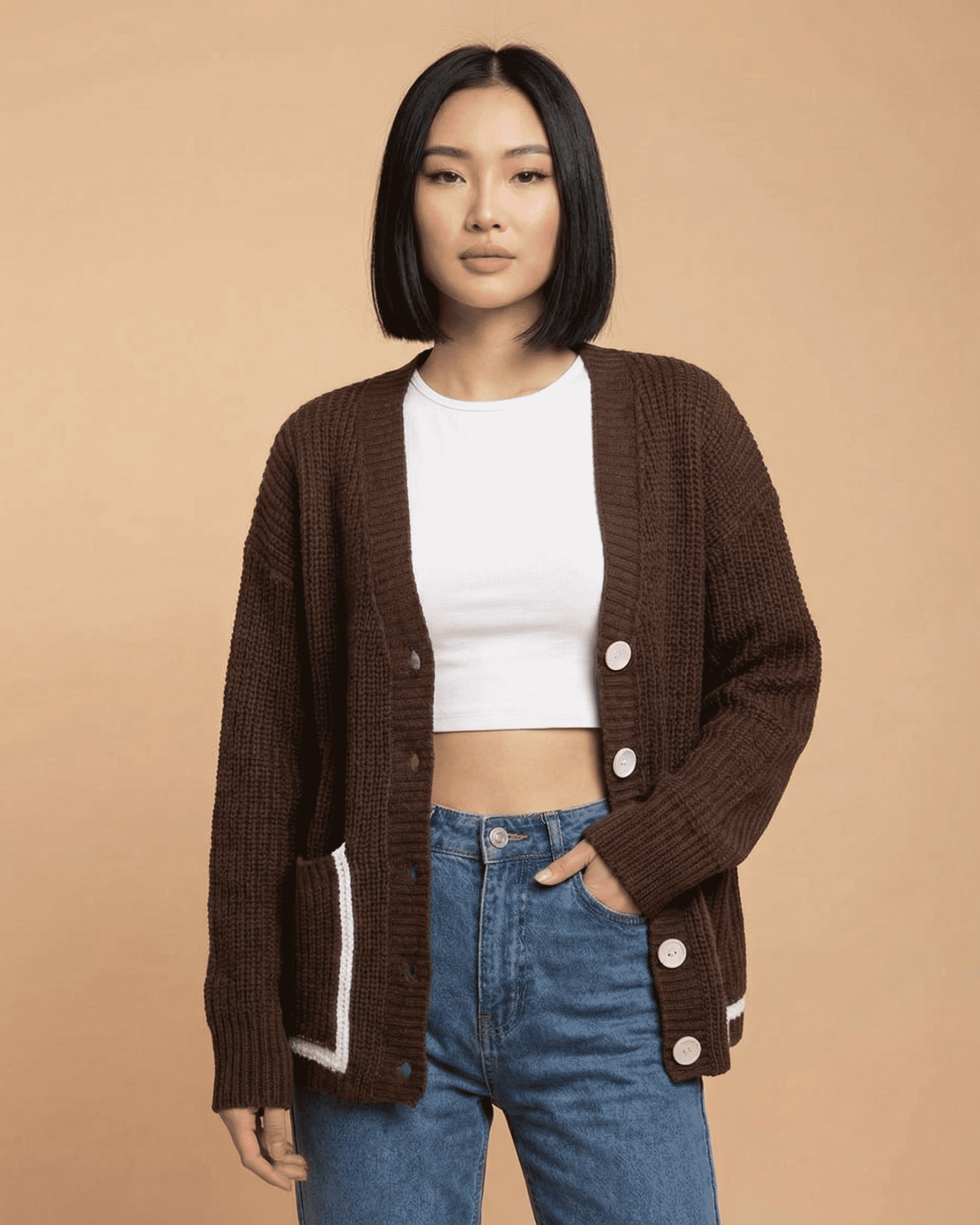 Cocoa Cardigan by Slimona featuring color block design, V-neckline, and button-front style in a relaxed silhouette.