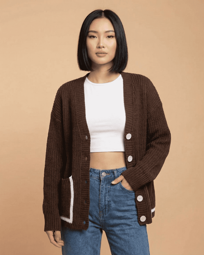 Cocoa Cardigan by Slimona featuring color block design, V-neckline, and button-front style in a relaxed silhouette.