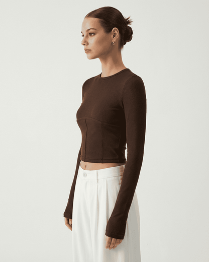 Cocoa Corset Top by Slimona - Long sleeve jersey corset crop in rich cocoa color, perfect for refined styling.