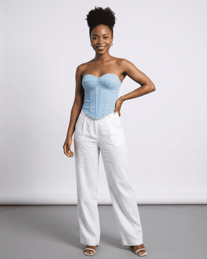 Denali Corset Top by Slimona - Faux denim cup bustier featuring a structured slim design and sleeveless style.