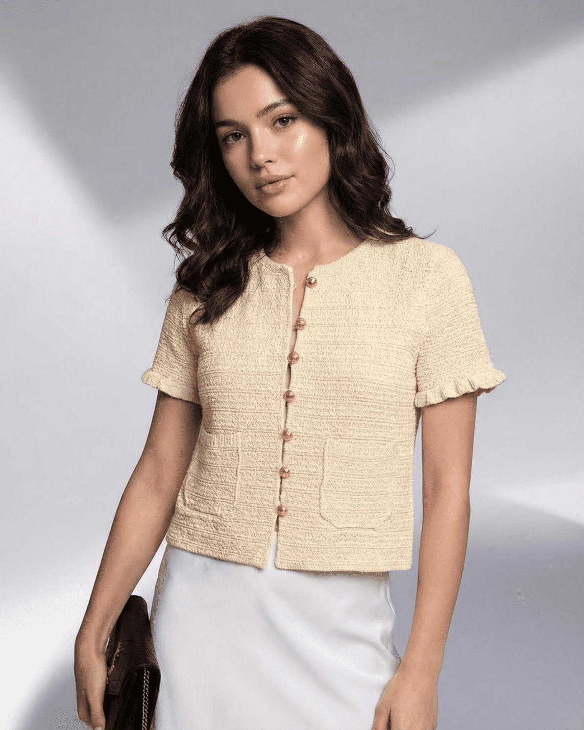 Elara Cardigan by Slimona, short sleeve button knitwear, perfect for warm-weather layering.