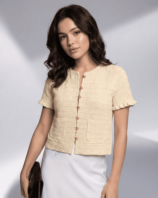 Elara Cardigan by Slimona, short sleeve button knitwear, perfect for warm-weather layering.