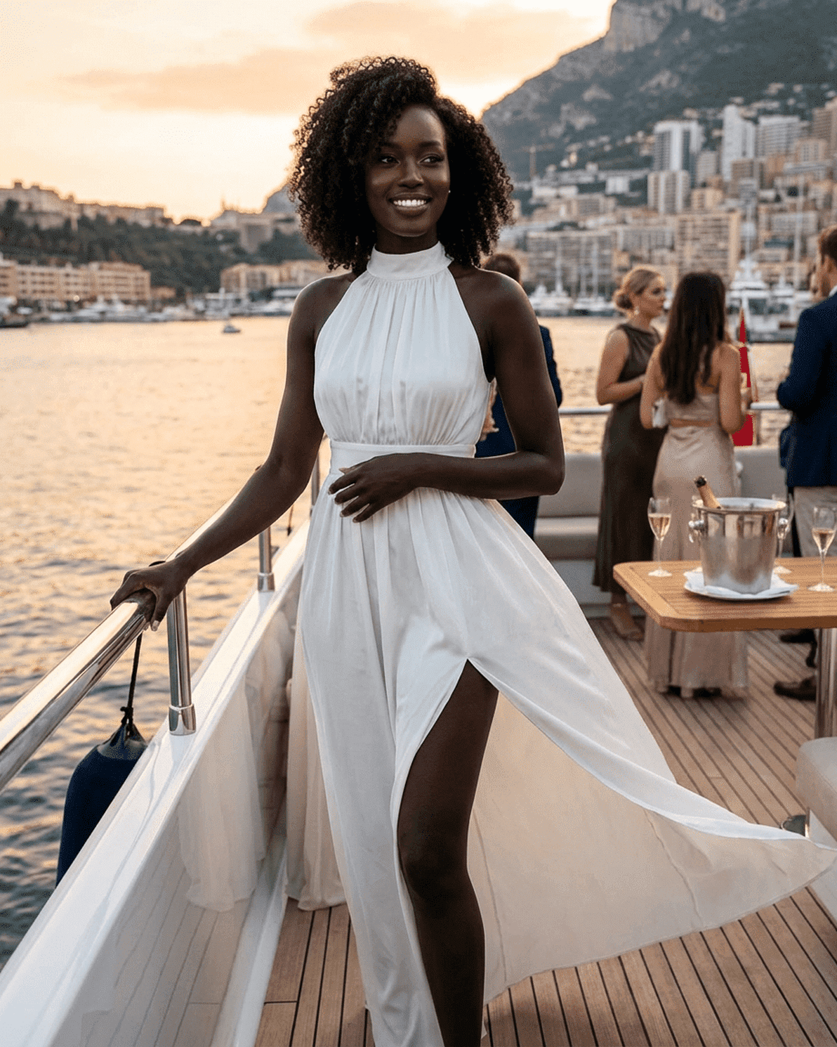 Elara Maxi Dress by Slimona, elegant sleeveless turtleneck maxi dress with high waist and side slit, against a scenic sunset background.