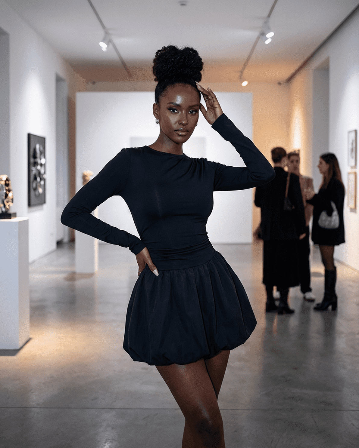 Elara Mini Dress by Slimona showcased in a fashion event, featuring a fitted stretchy silhouette and elegant tiered skirt.