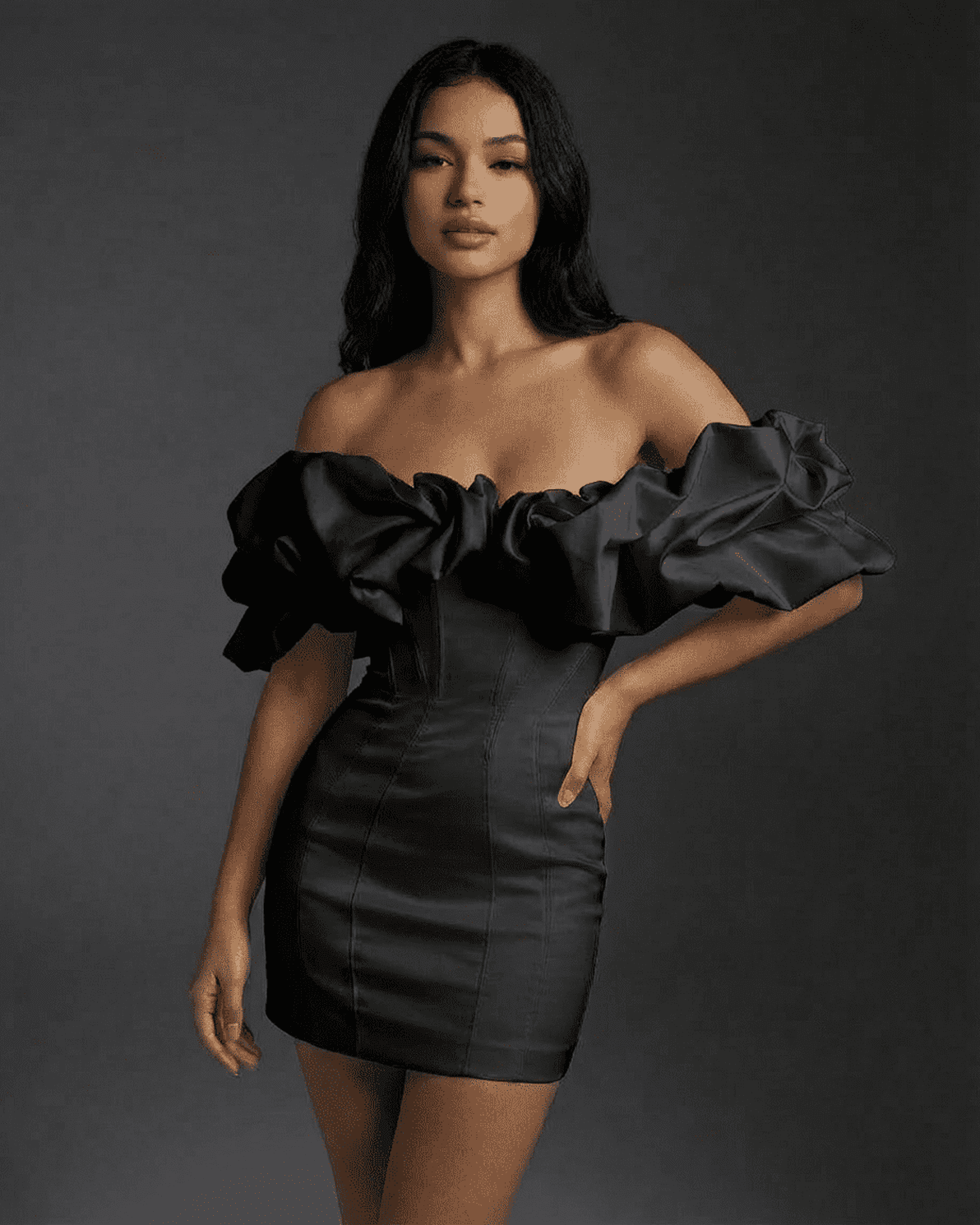 Elysia Mini Dress by Slimona featuring off-the-shoulder design and ruffle trim in classic black.