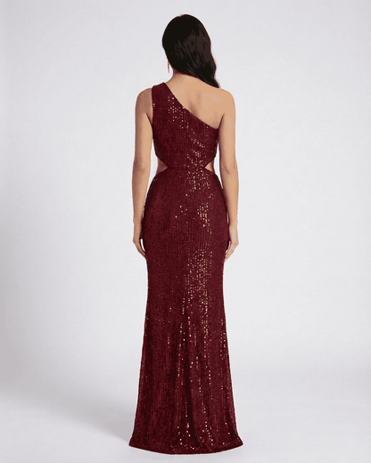 Ember Maxi Dress by Slimona, showcasing a stunning one-shoulder design with sequins and a sleek back view.